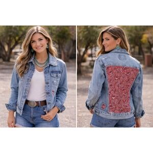 Rue 21 Denim Jacket Western‎ Embellished Retro Rodeo Red Bandana Small up cycled